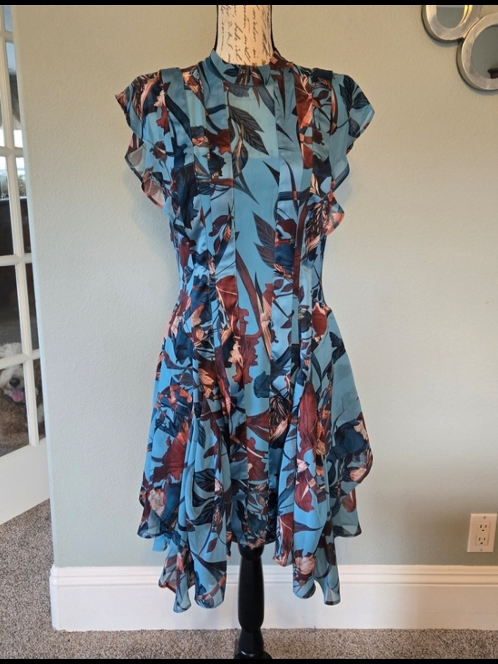 AllSaints Blue Floral Asymmetrical Ruffle Hem Dress